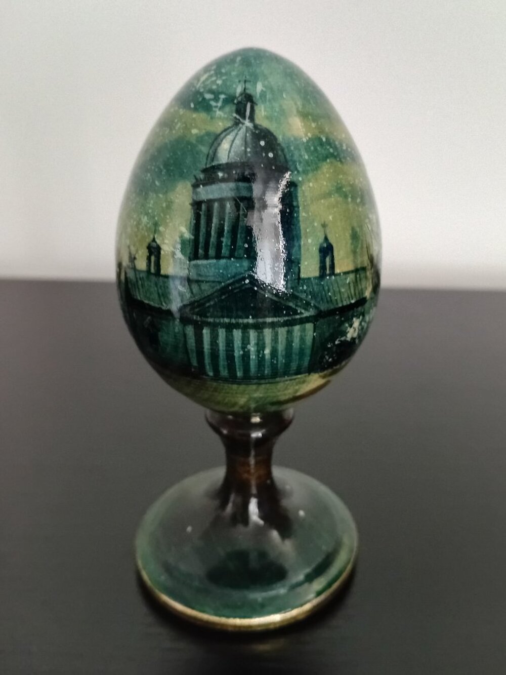 Vintage Ukranian Hand Decorated Wooden Egg On Stand Signed by Artist